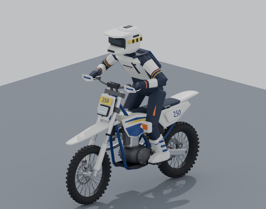Render: the white-and-blue enduro bike and rider